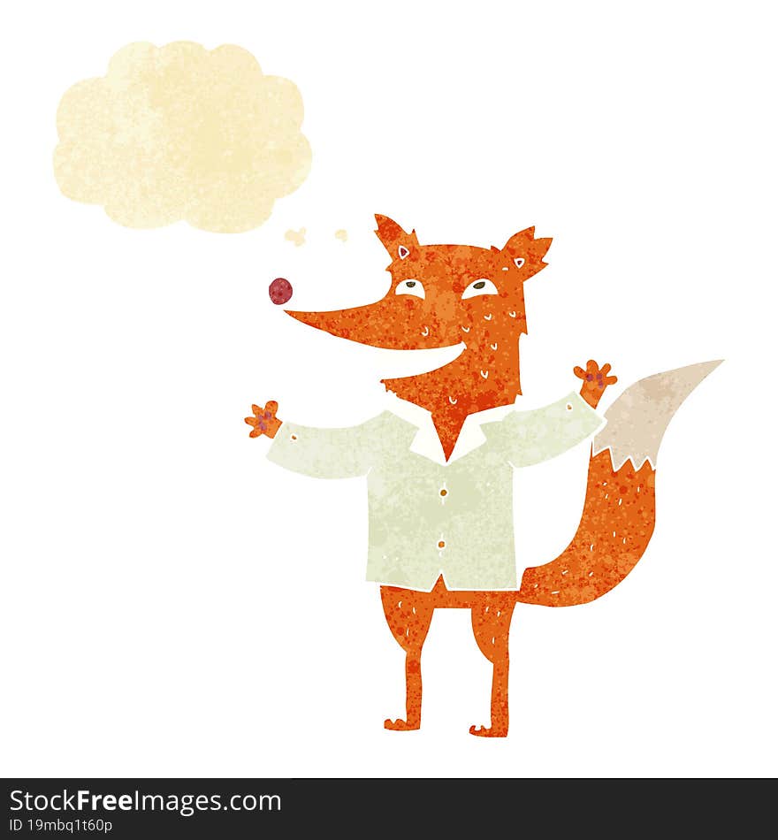 cartoon happy fox wearing shirt with thought bubble