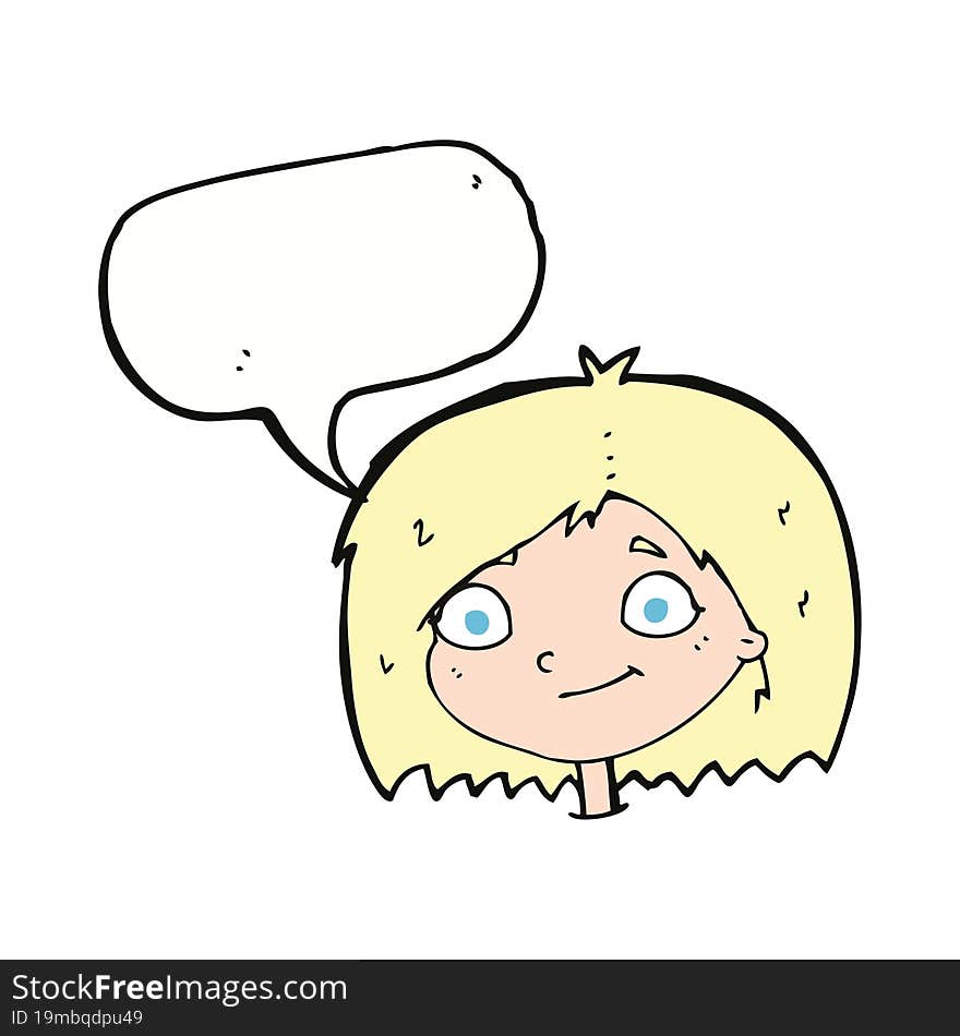 cartoon happy female face with speech bubble