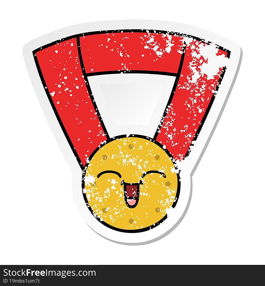 Distressed Sticker Of A Cute Cartoon Gold Medal