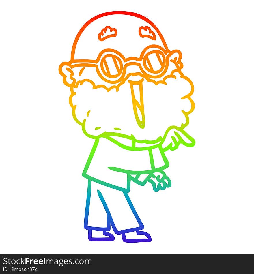 rainbow gradient line drawing of a cartoon joyful man with beard pointing finger