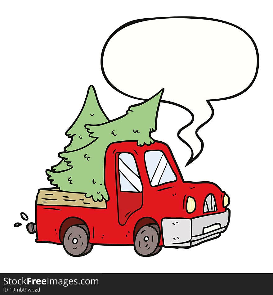 cartoon pickup truck carrying christmas trees with speech bubble