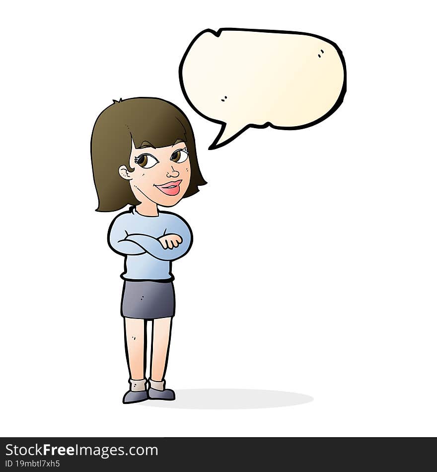 cartoon happy woman looking over with speech bubble