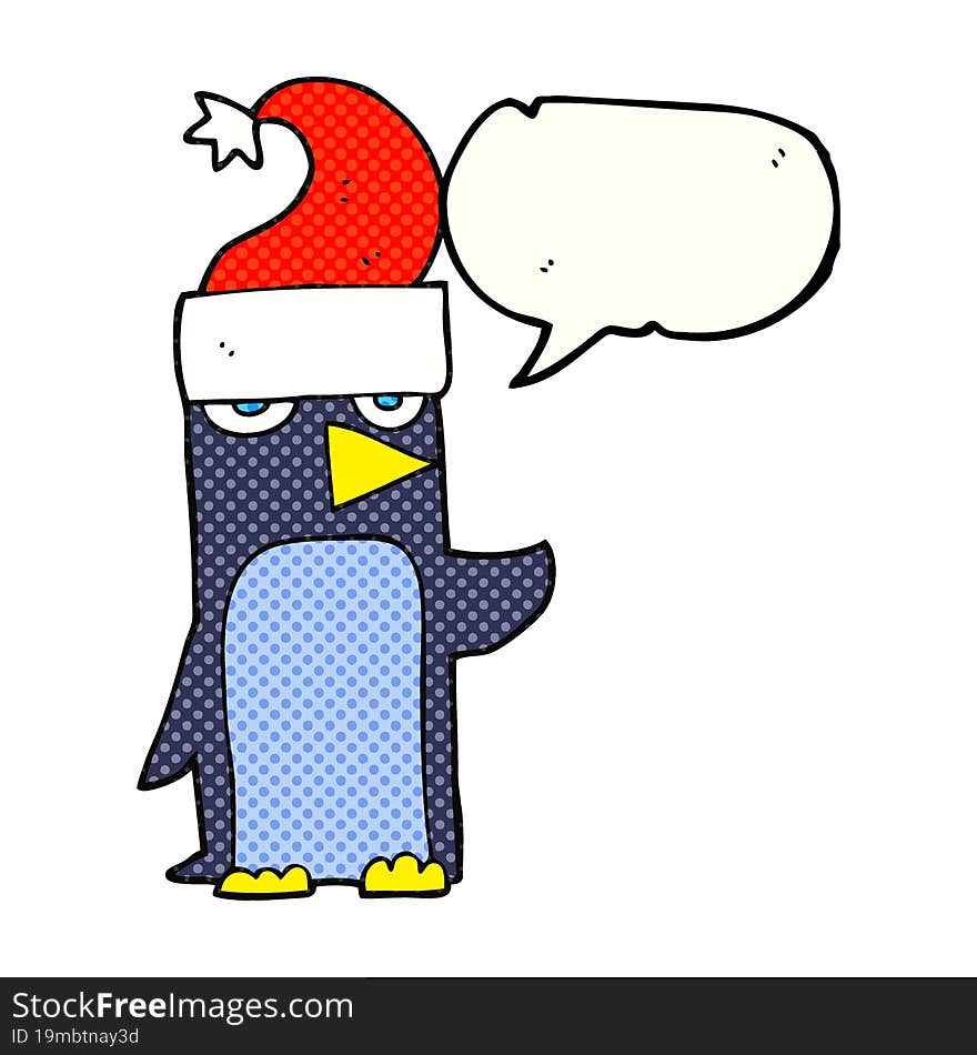 comic book speech bubble cartoon penguin in christmas hat