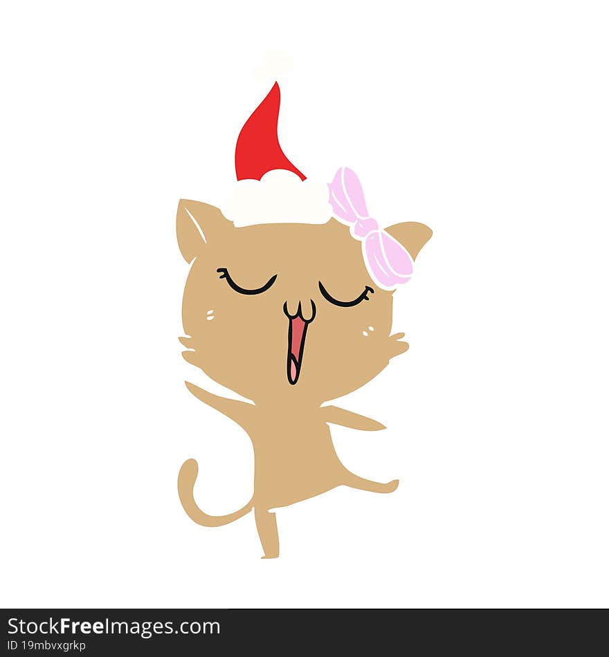 flat color illustration of a cat wearing santa hat