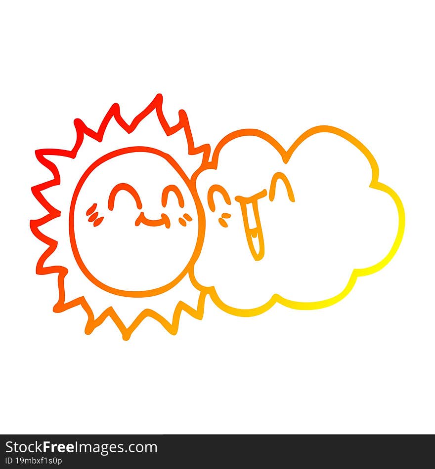 warm gradient line drawing of a cartoon happy sunshine and cloud