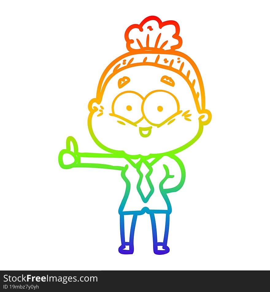 rainbow gradient line drawing of a cartoon happy old woman