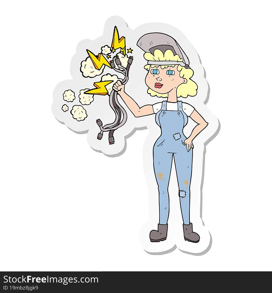 Sticker Of A Cartoon Electrician Woman