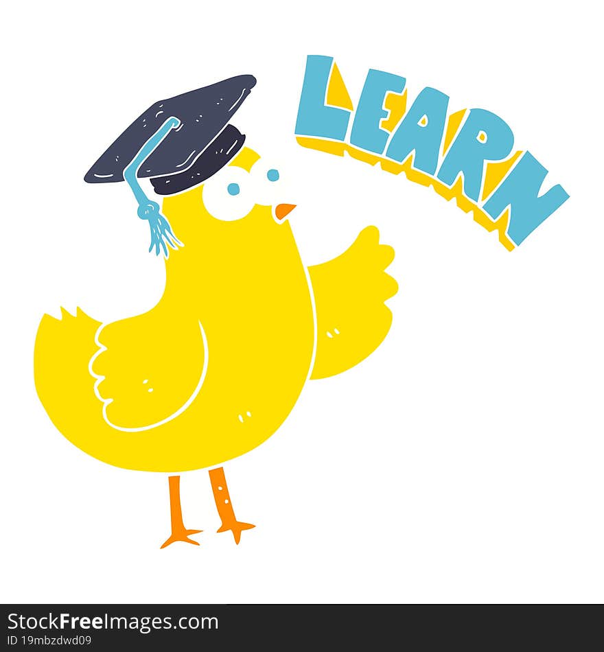 flat color illustration of a cartoon bird with learn text