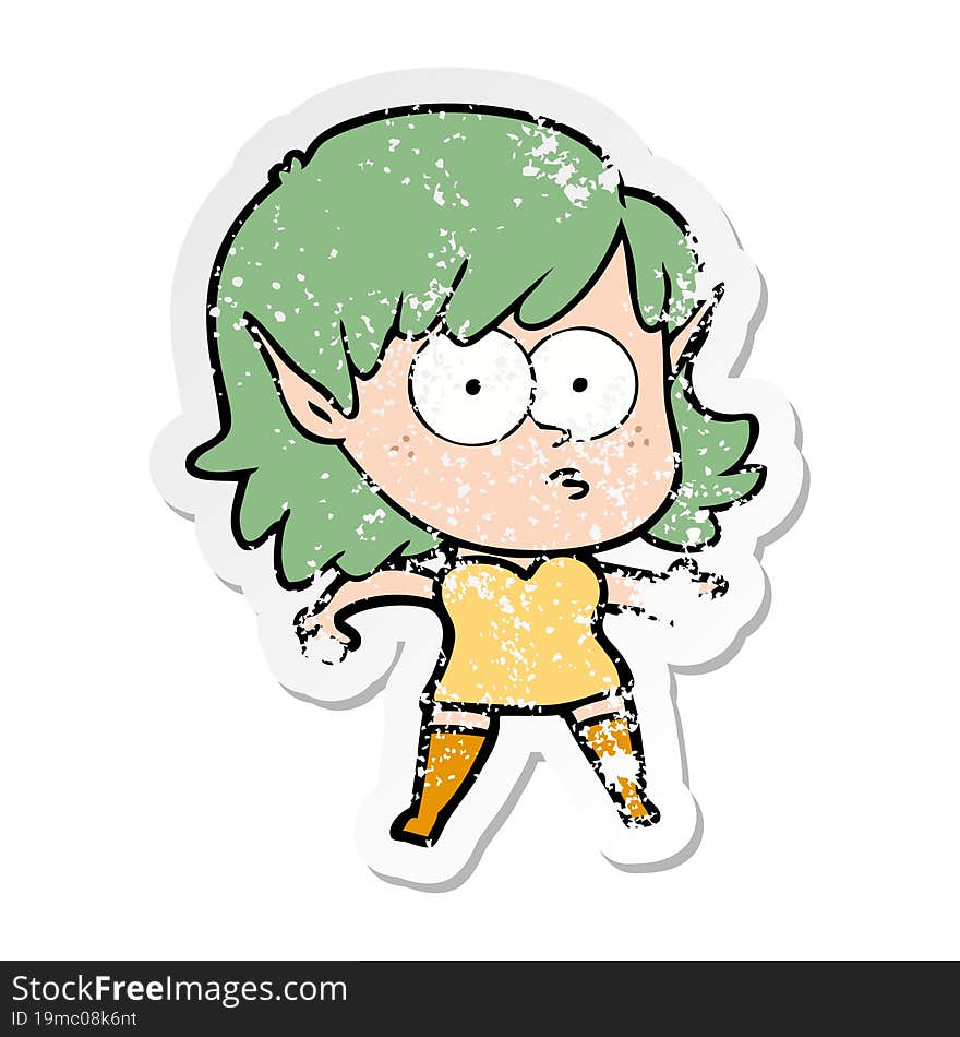 distressed sticker of a cartoon shocked elf girl