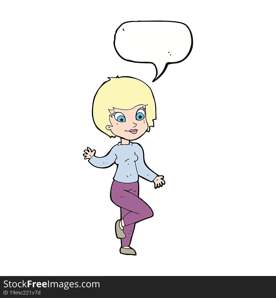 cartoon woman waving with speech bubble