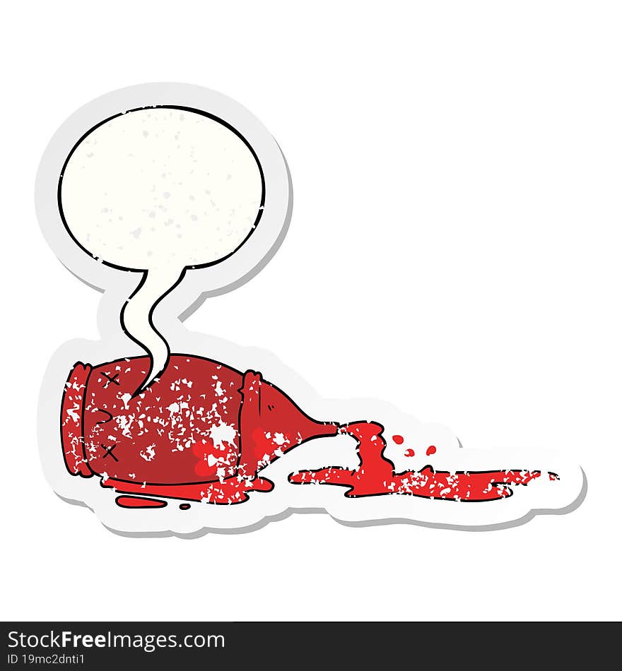 cartoon spilled bottle and speech bubble distressed sticker