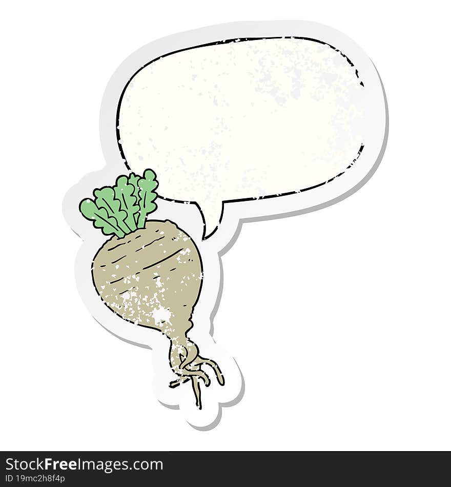 cartoon root vegetable with speech bubble distressed distressed old sticker. cartoon root vegetable with speech bubble distressed distressed old sticker