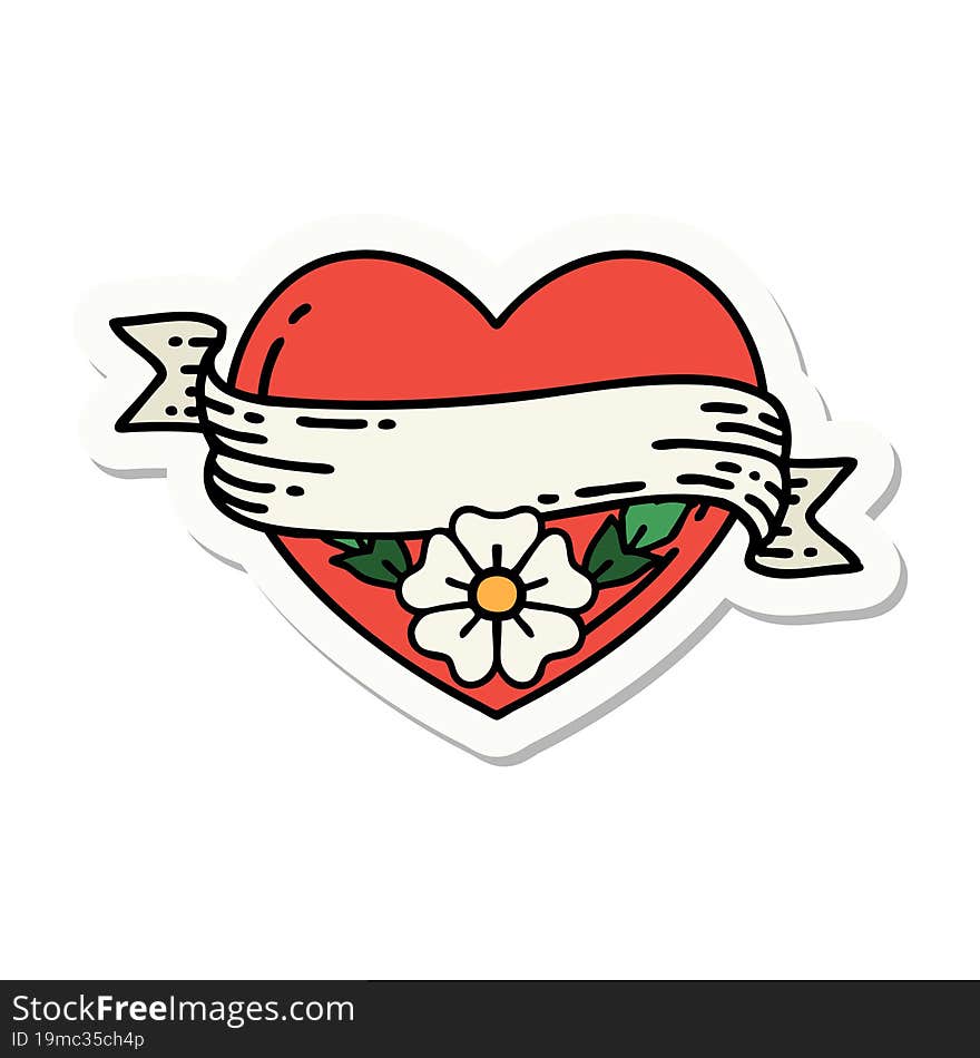 Tattoo Style Sticker Of A Heart And Banner With Flowers