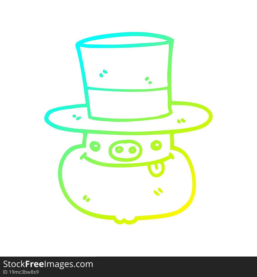 Cold Gradient Line Drawing Cartoon Pig Wearing Top Hat