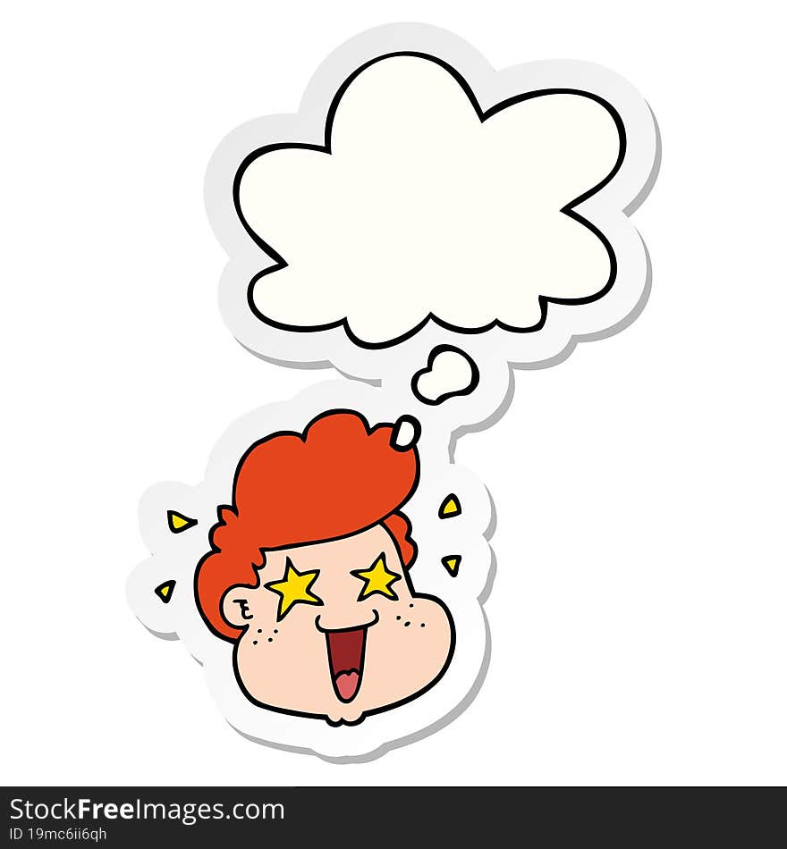 cartoon boy\'s face with thought bubble as a printed sticker