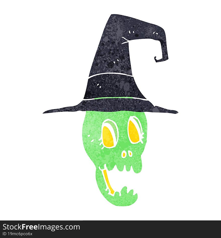 retro cartoon skull wearing witch hat