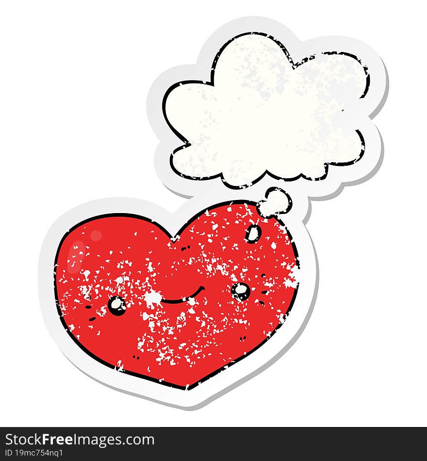 heart cartoon character and thought bubble as a distressed worn sticker