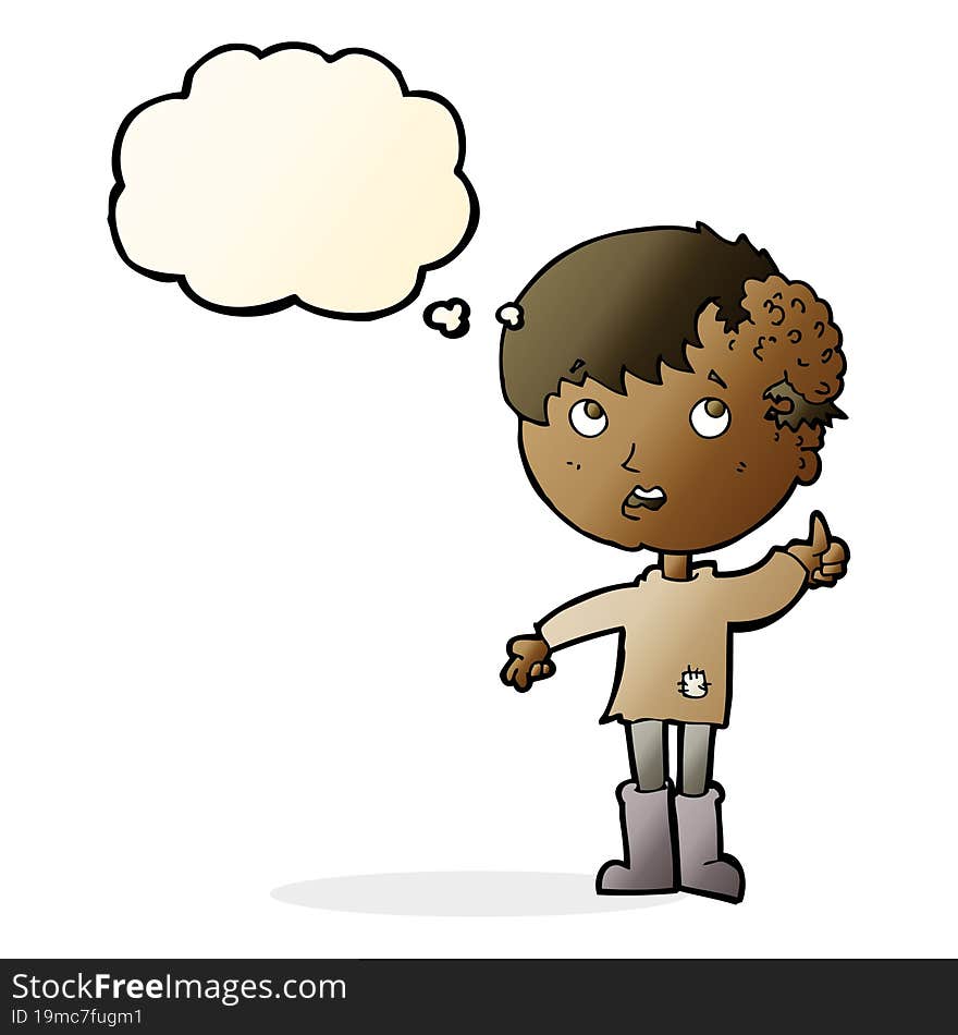 cartoon boy with growth on head with thought bubble