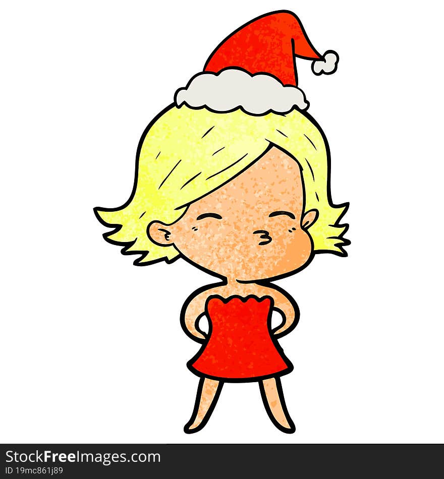 textured cartoon of a woman wearing santa hat