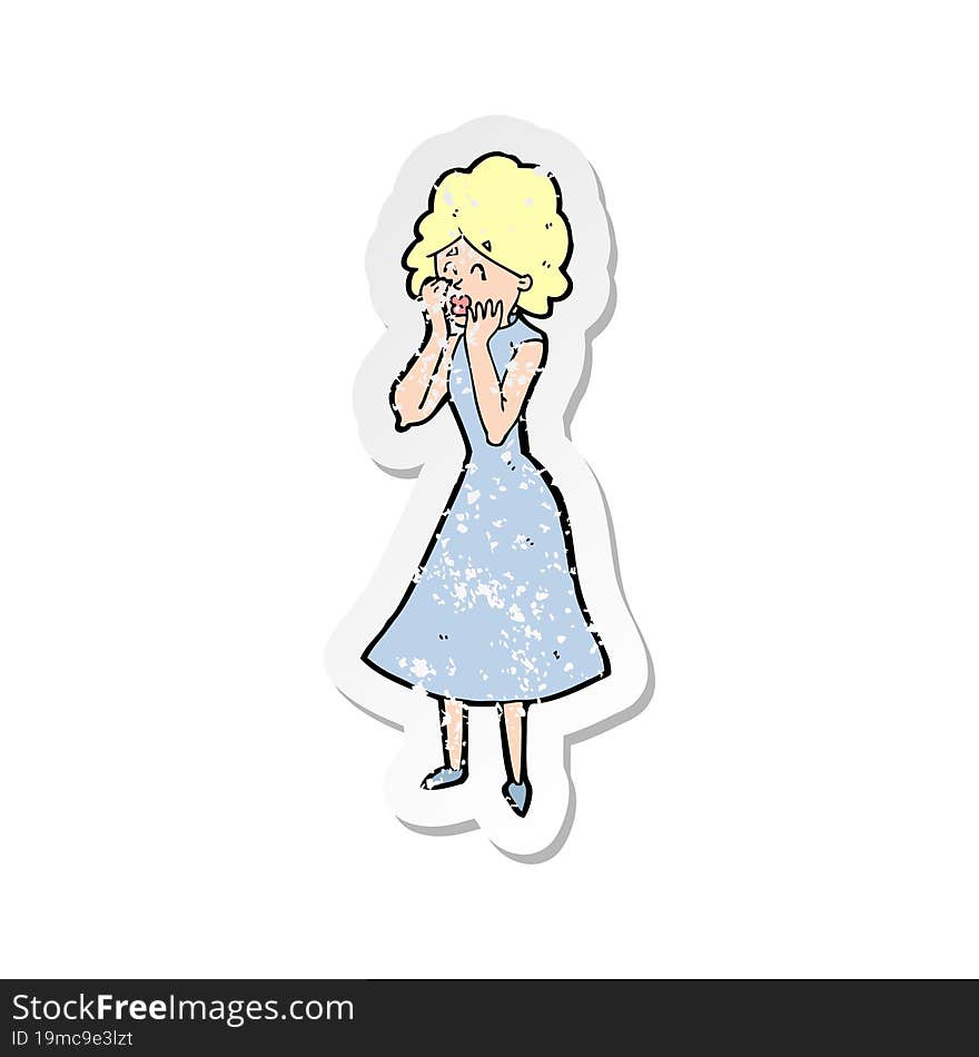 retro distressed sticker of a cartoon worried woman