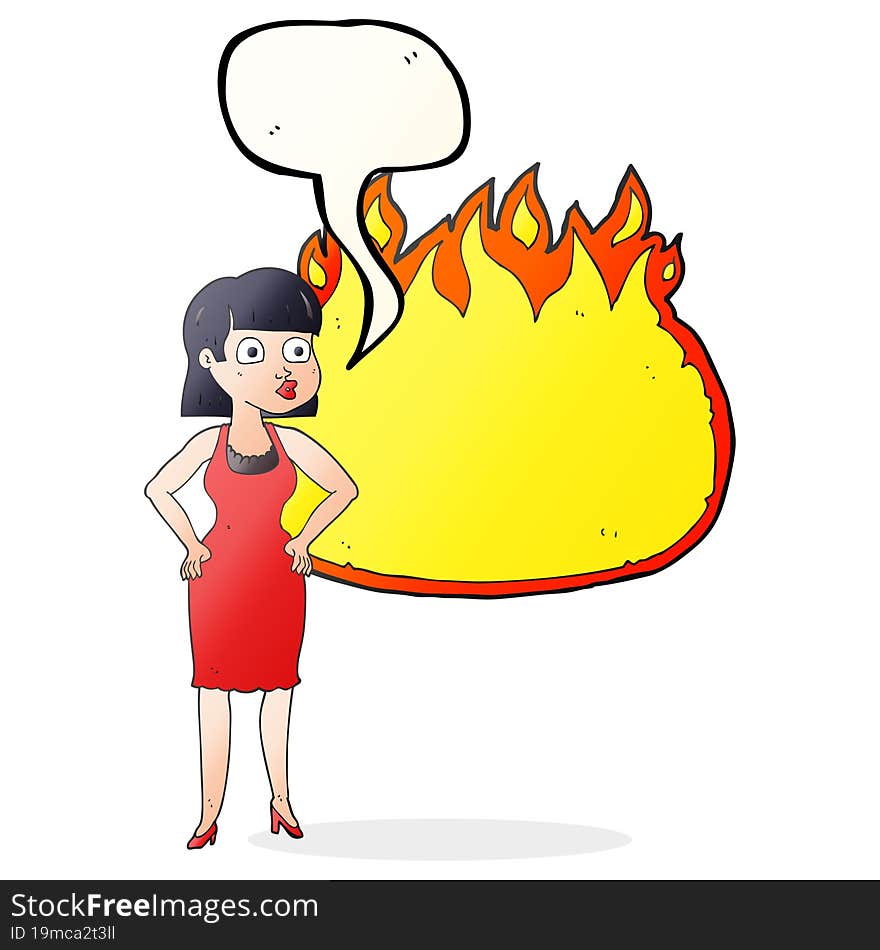 freehand drawn speech bubble cartoon woman in dress with hands on hips and flame banner