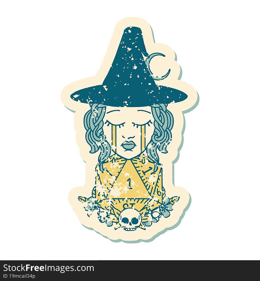 Crying Human Witch With Natural One D20 Dice Roll Illustration