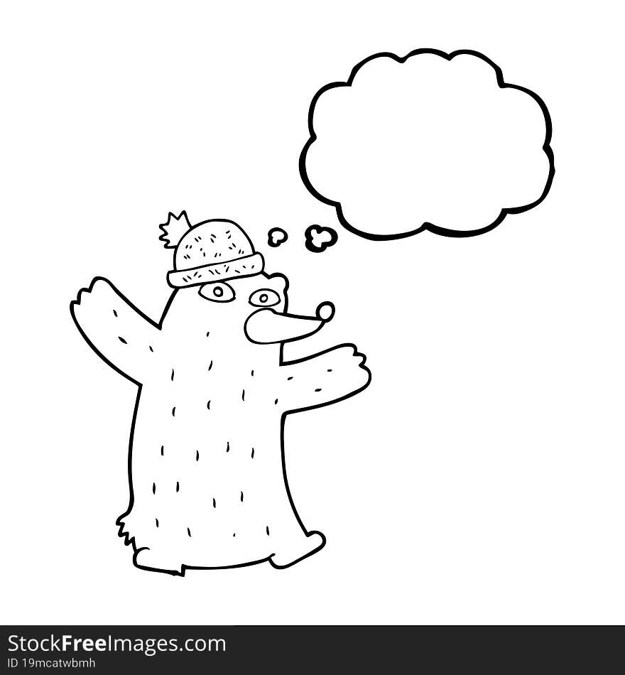 freehand drawn thought bubble cartoon bear wearing hat