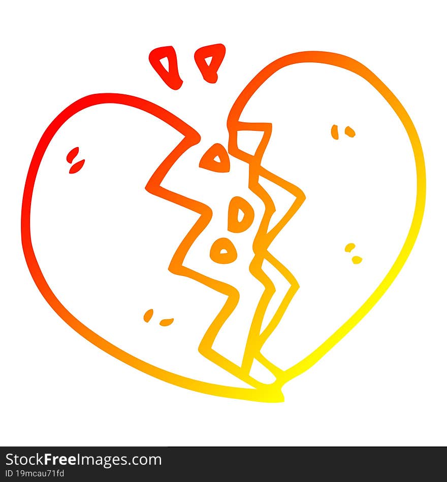 warm gradient line drawing of a cartoon broken heart