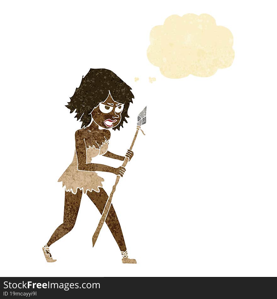 cartoon cave girl with thought bubble