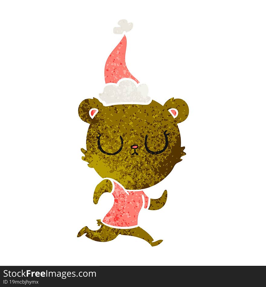 peaceful retro cartoon of a bear running wearing santa hat