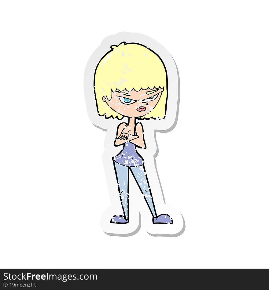 retro distressed sticker of a cartoon angry woman