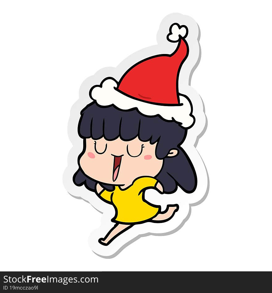 hand drawn sticker cartoon of a woman wearing santa hat