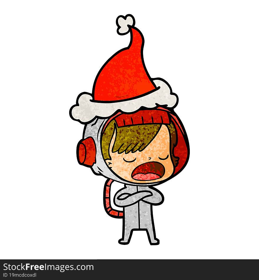 textured cartoon of a astronaut woman explaining wearing santa hat