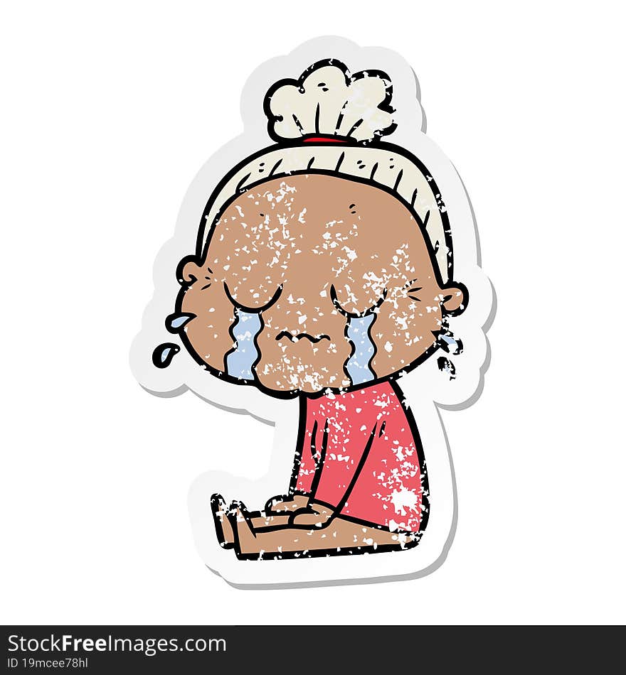 distressed sticker of a cartoon crying old lady