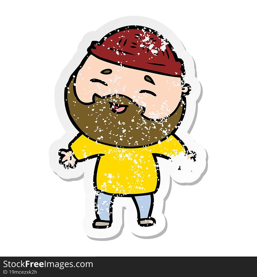 distressed sticker of a cartoon happy bearded man