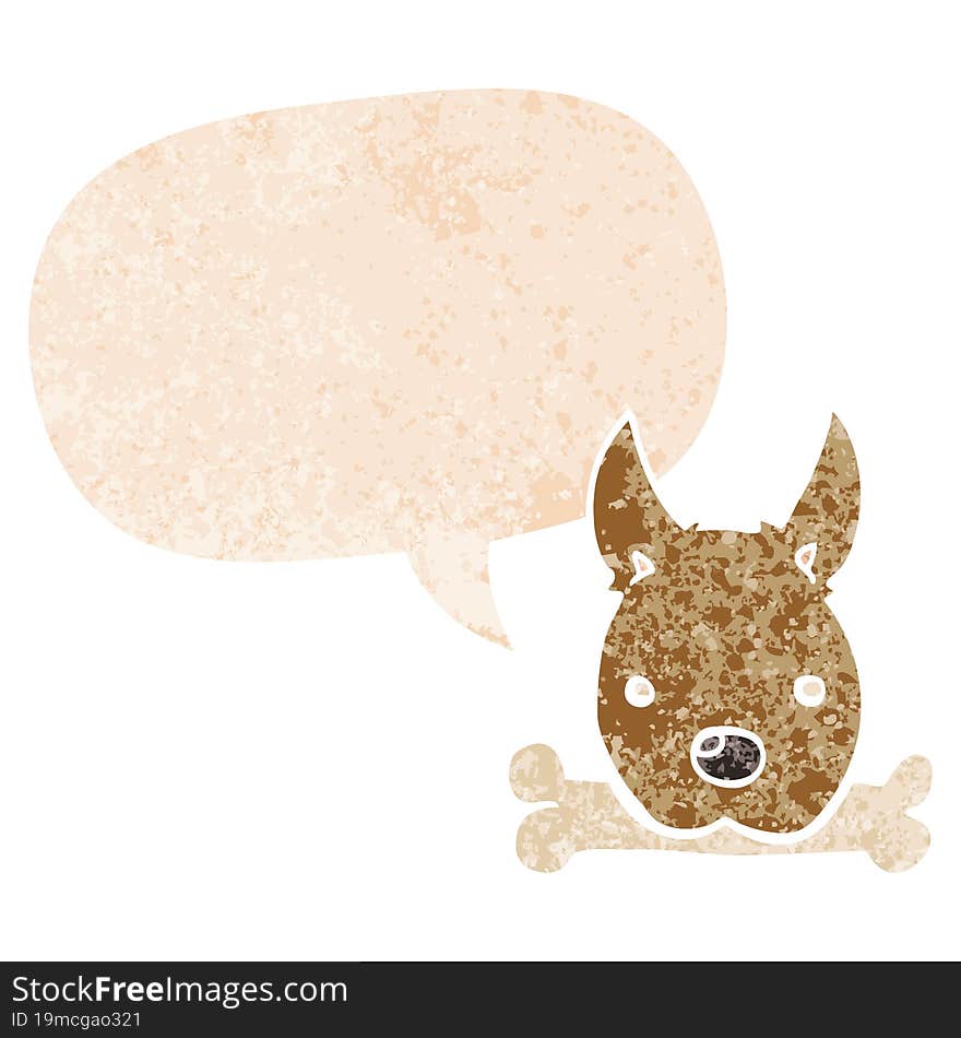 cartoon dog with bone with speech bubble in grunge distressed retro textured style. cartoon dog with bone with speech bubble in grunge distressed retro textured style