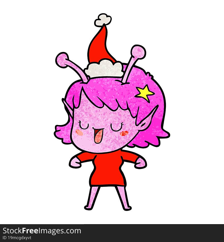 happy alien girl textured cartoon of a wearing santa hat