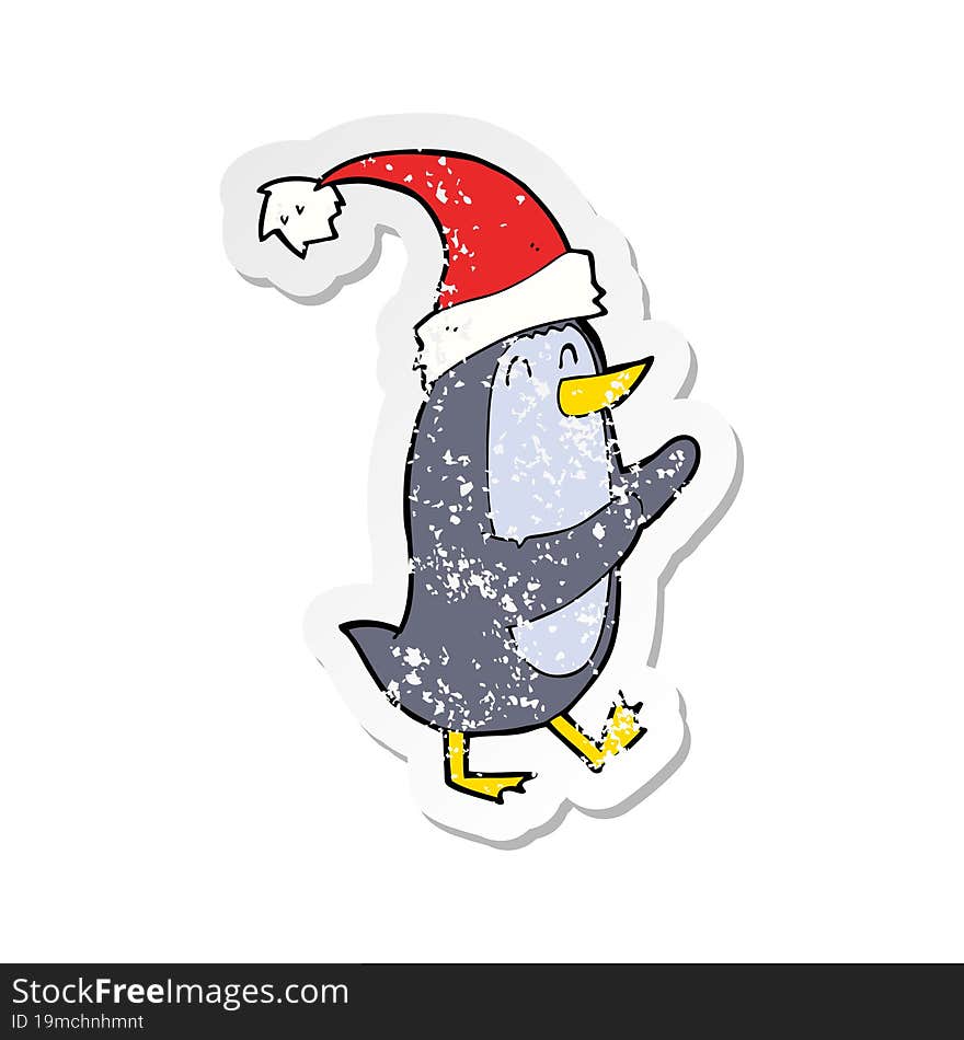 retro distressed sticker of a cartoon christmas penguin