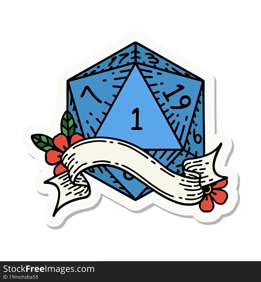 sticker of a natural one d20 dice roll. sticker of a natural one d20 dice roll