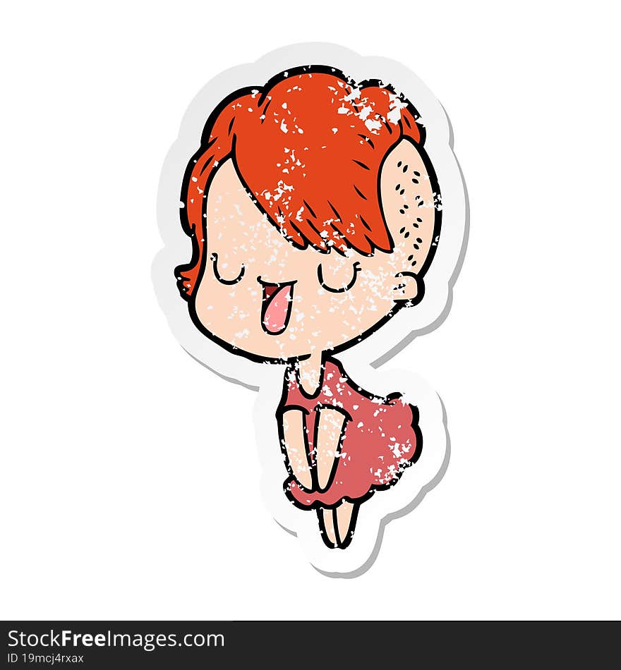 distressed sticker of a cute cartoon girl with hipster haircut