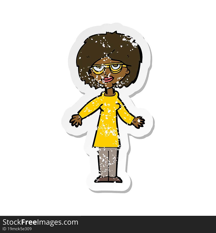 retro distressed sticker of a cartoon woman wearing glasses