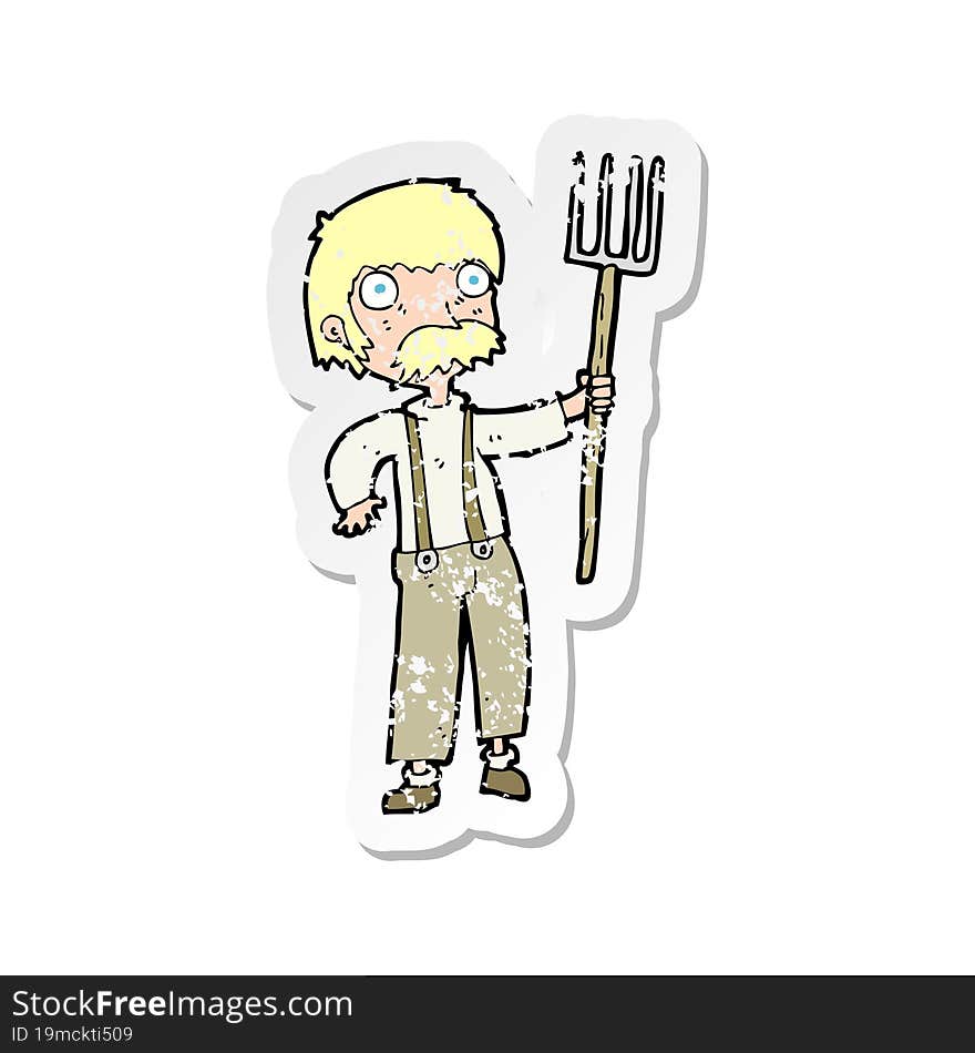 retro distressed sticker of a cartoon farmer with pitchfork