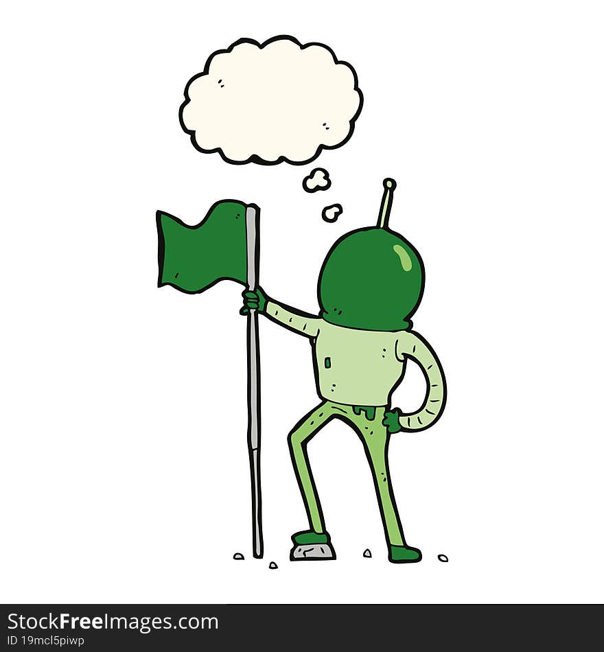 cartoon astronaut planting flag with thought bubble