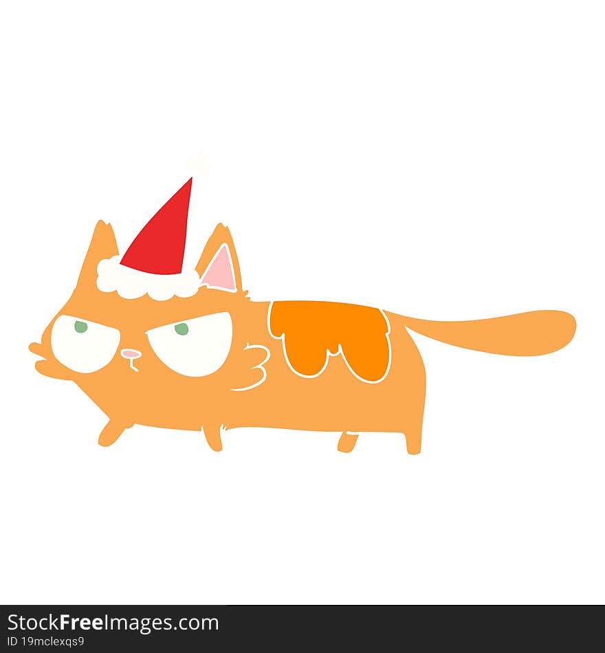 Flat Color Illustration Of A Angry Cat Wearing Santa Hat