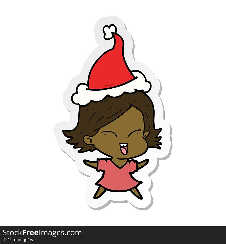 Happy Sticker Cartoon Of A Girl Wearing Santa Hat