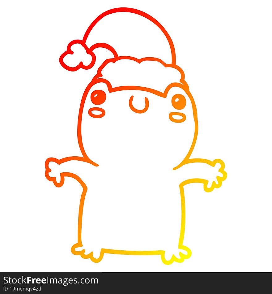 warm gradient line drawing of a cute cartoon frog wearing christmas hat