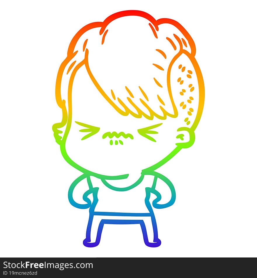 rainbow gradient line drawing of a cartoon annoyed hipster girl