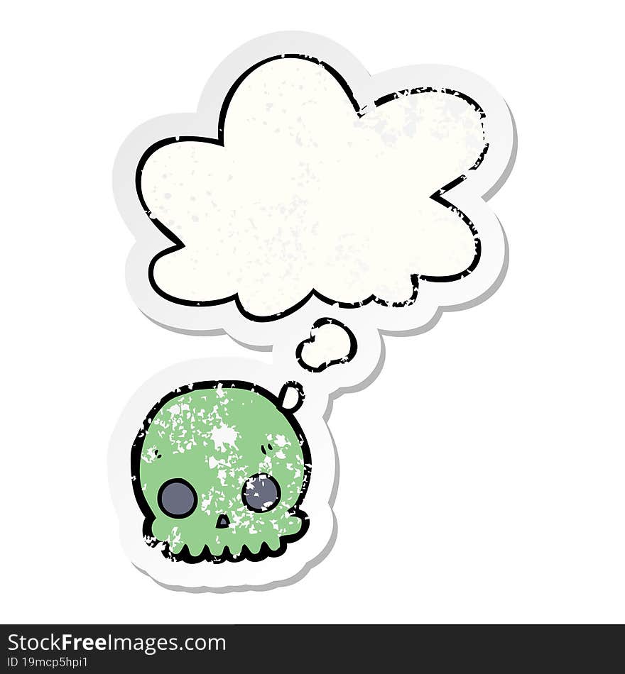 cartoon skull and thought bubble as a distressed worn sticker