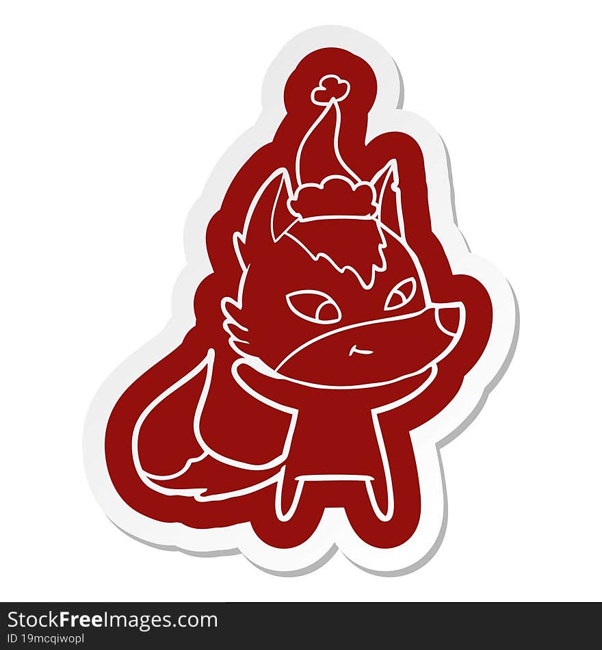 friendly cartoon  sticker of a wolf wearing santa hat