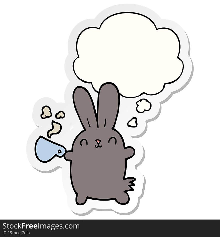 cute cartoon rabbit with coffee cup with thought bubble as a printed sticker